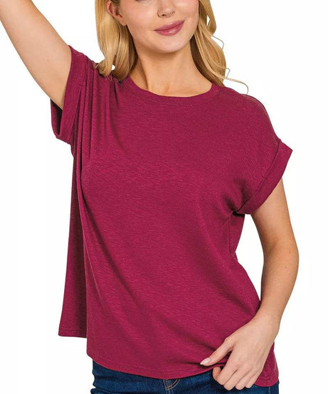 Zenana Cotton Modal Slub Rolled Sleeve T-Shirt - ELY VESSA LLC