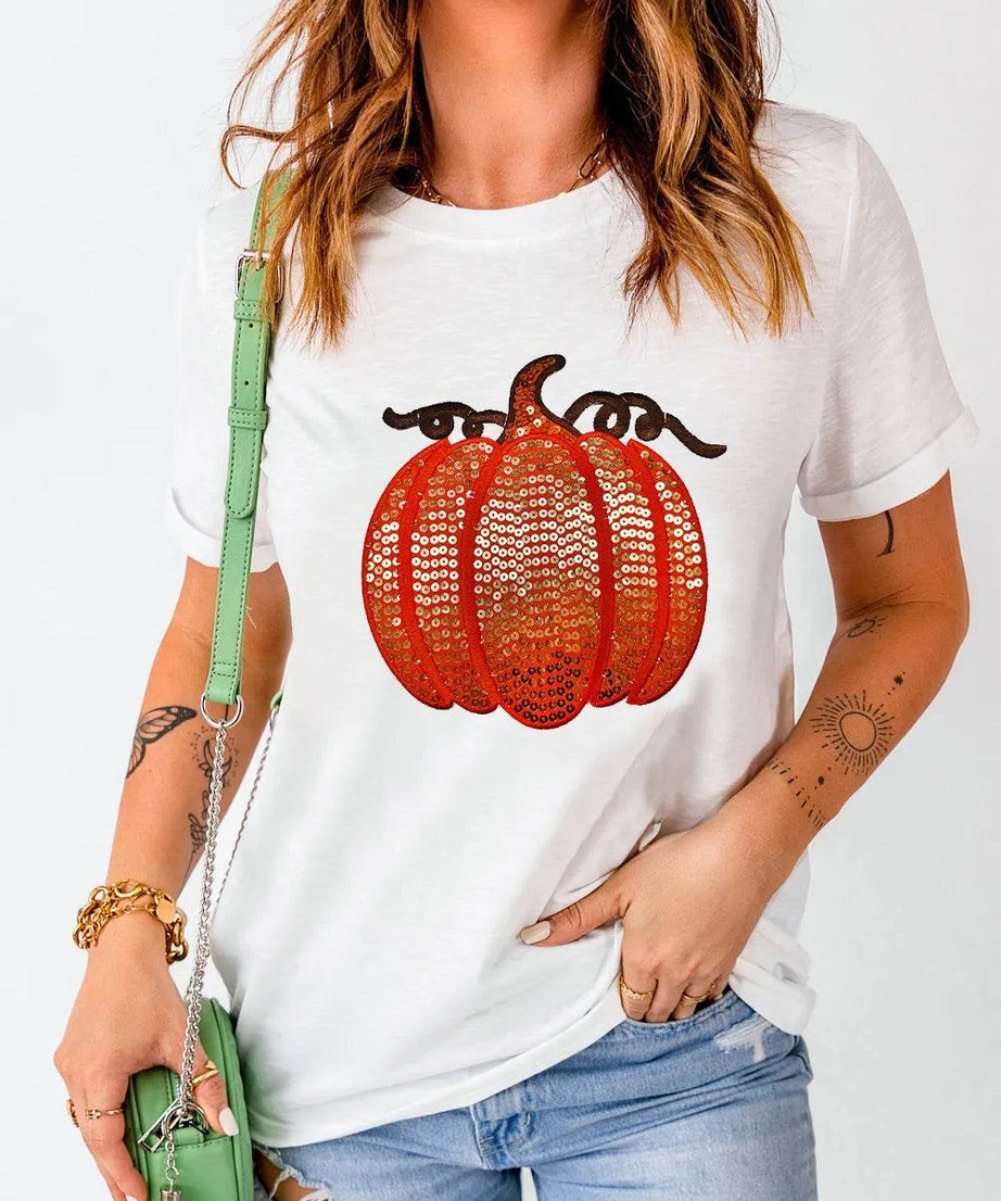 Full Size Sequin Pumpkin Round Neck Short Sleeve T-Shirt - ELY VESSA LLC