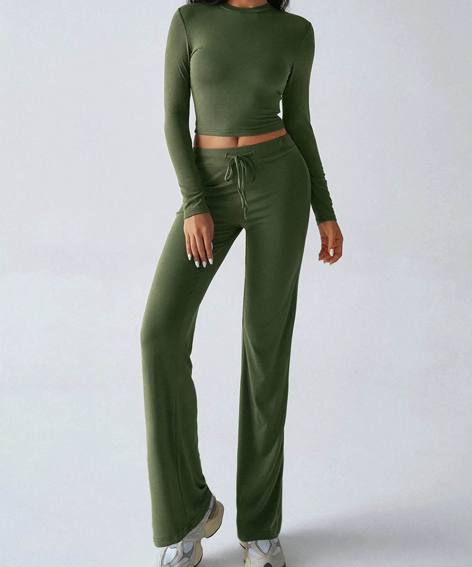 Round Neck Long Sleeve Top and Pants Set - ELY VESSA LLC