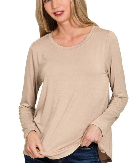 Zenana Flowy Round Hem Rayon Long Sleeve Top - ELY VESSA LLC