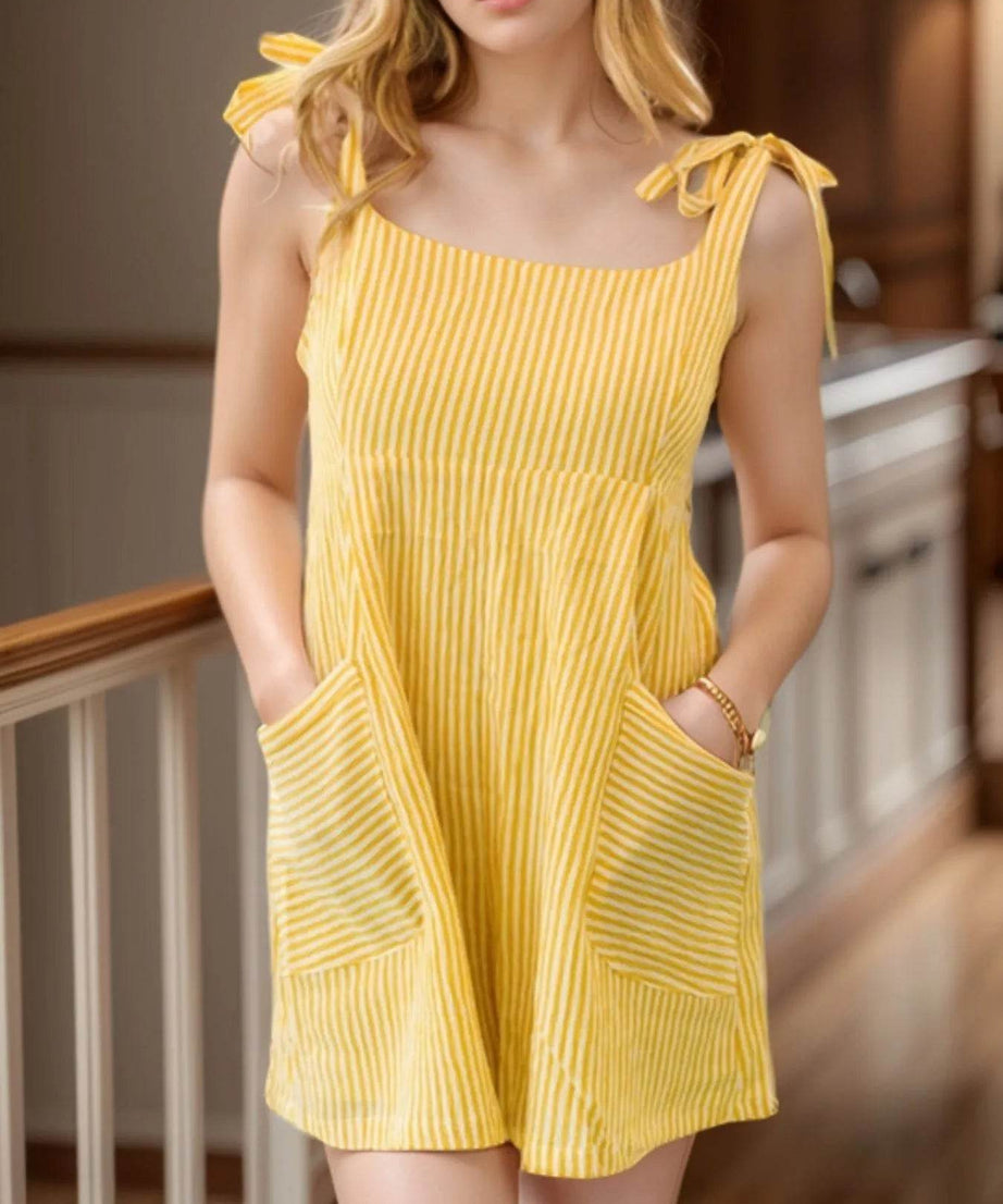 Stripe Shoulder Tie Smocked Back Casual Romper - ELY VESSA LLC