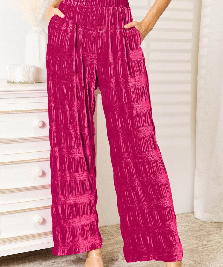 Double Take Full Size High Waist Tiered Shirring Velvet Wide Leg Pants - ELY VESSA LLC
