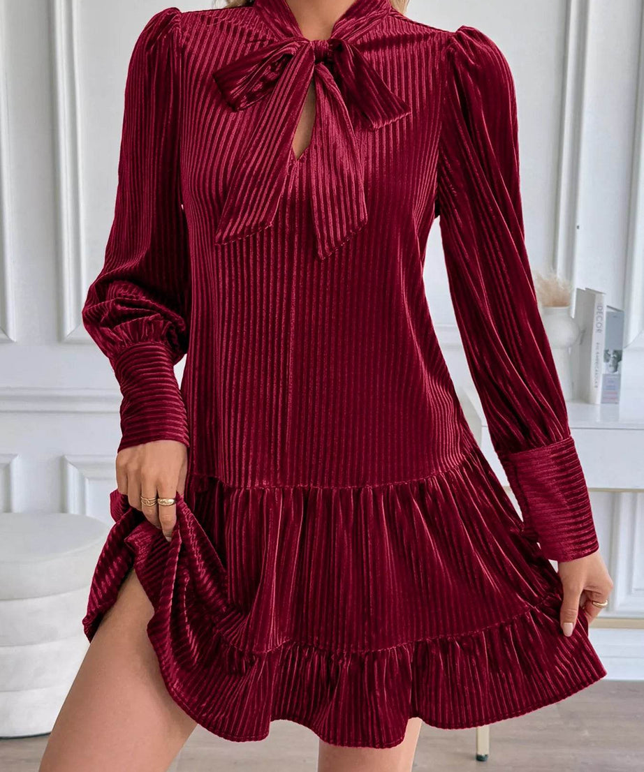 Velvet Tie Front Tiered Mini Dress - ELY VESSA LLC