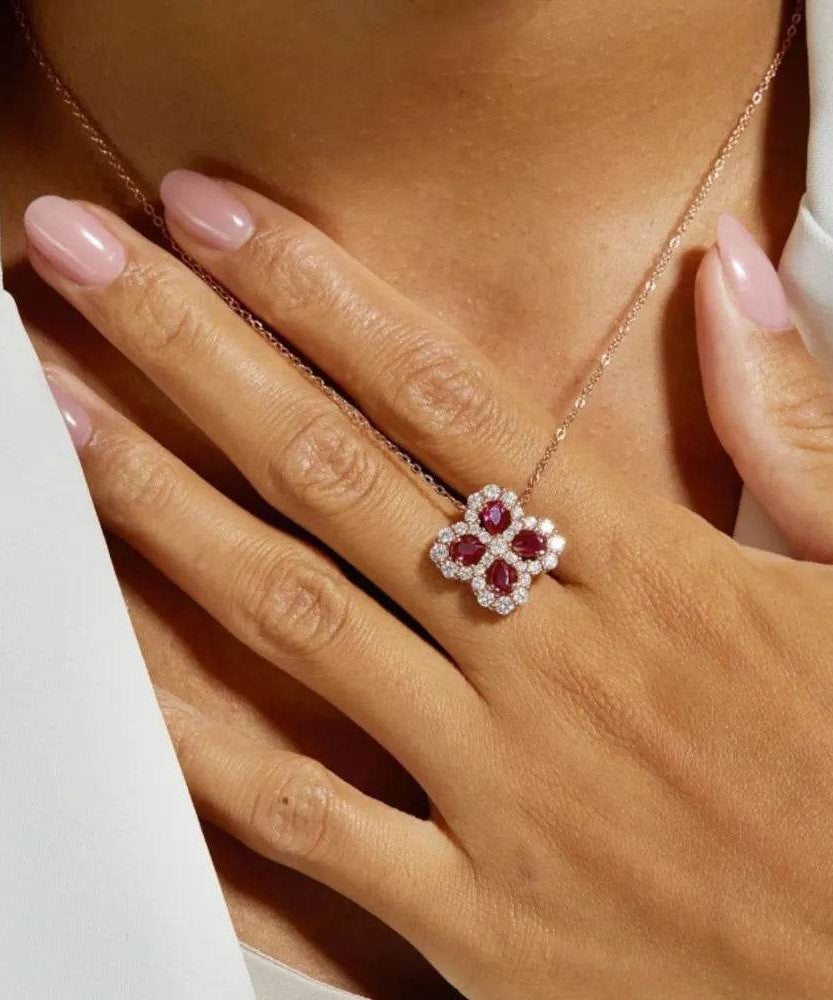 925 Sterling Silver Lab-Grown Ruby Flower Shape Necklace - ELY VESSA LLC