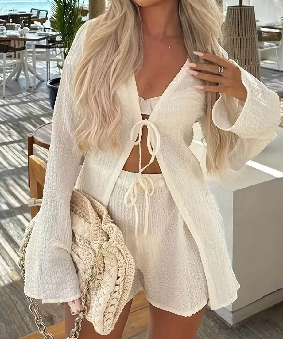 Tie Front Long Sleeve Top and Shorts Set - ELY VESSA LLC