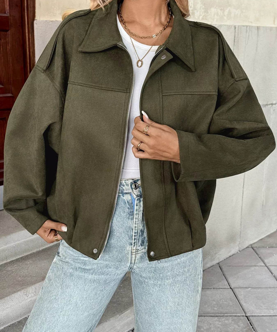 Zip Up Drop Shoulder Jacket - ELY VESSA LLC
