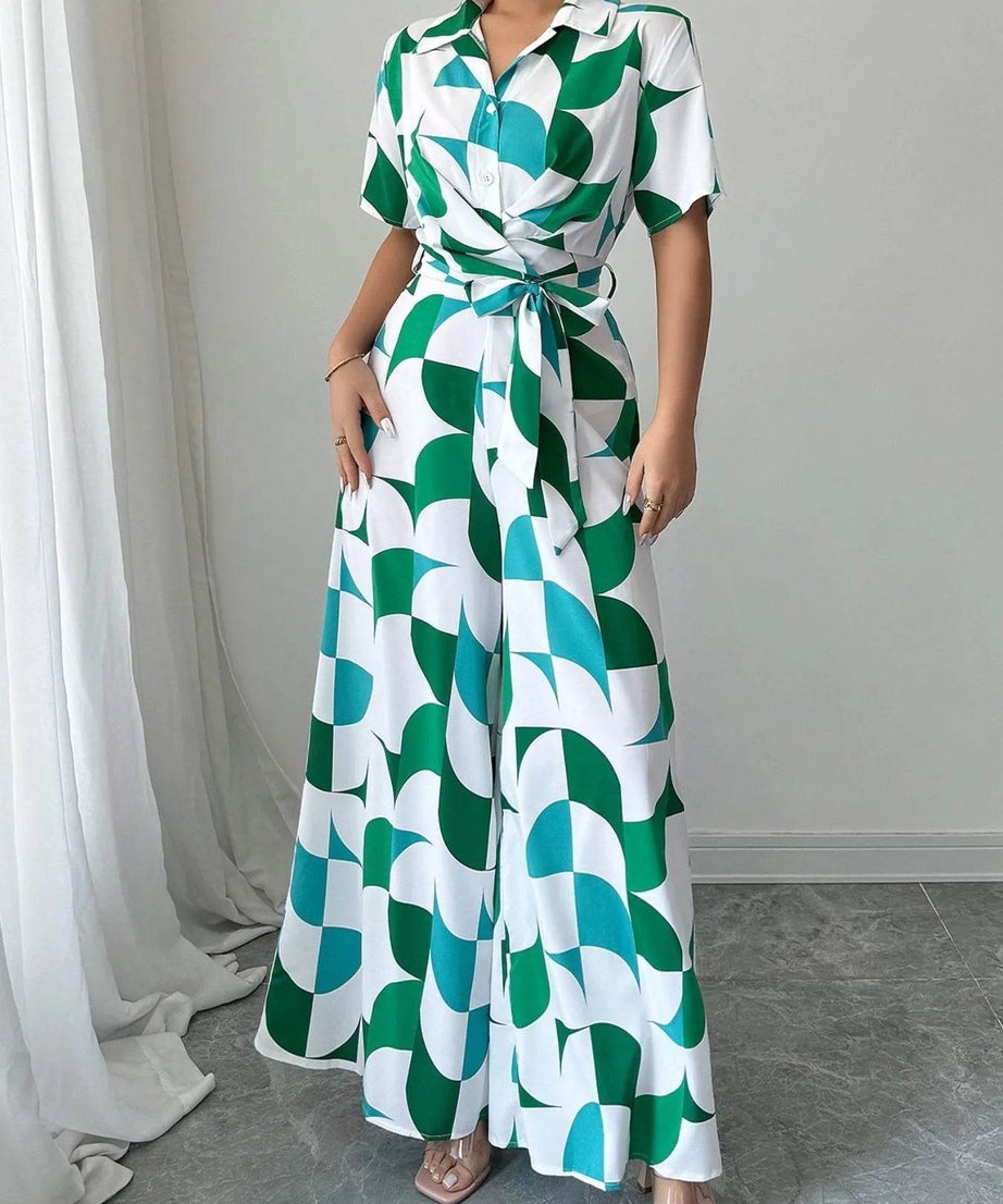 Geometric Print Belted Wide Leg Jumpsuit - ELY VESSA LLC