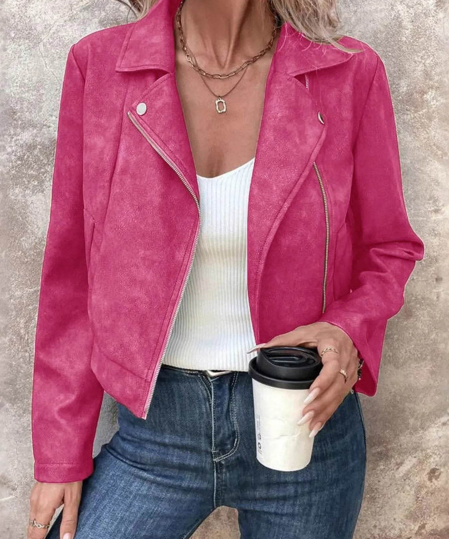 Zip Up Suede Cropped Moto Jacket - ELY VESSA LLC