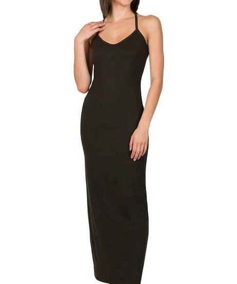 Zenana Brushed Dty Thin Strap Racerback V-Neck Maxi Dress - ELY VESSA LLC