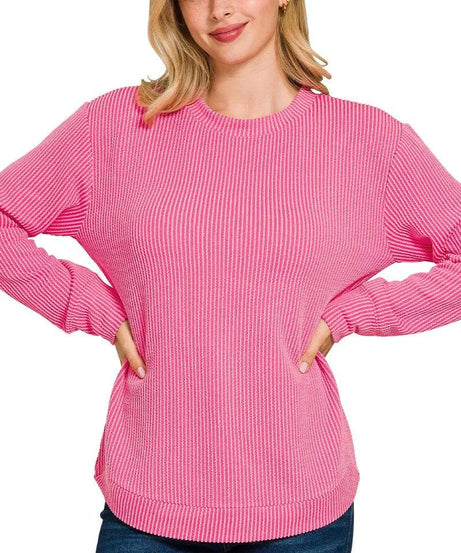 Zenana Full Size Raised Rib Round Neck Long Sleeve Top Plus Size - ELY VESSA LLC