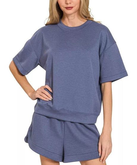 Zenana Scuba Short Sleeve Top & Shorts Set - ELY VESSA LLC