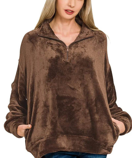 Zenana Faux Fur Half Zip Pocket Pullover - ELY VESSA LLC