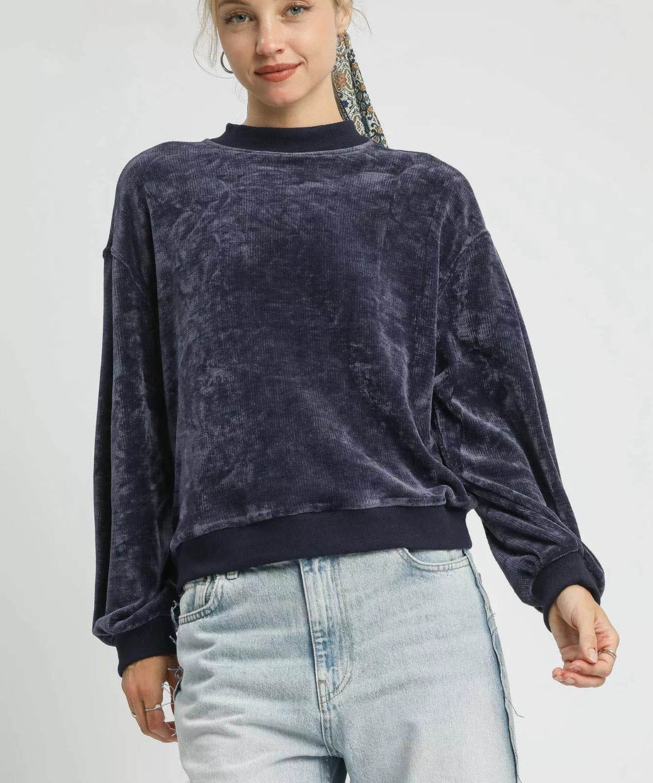Umgee Velour Crewneck Balloon Sleeve Sweatshirt - ELY VESSA LLC