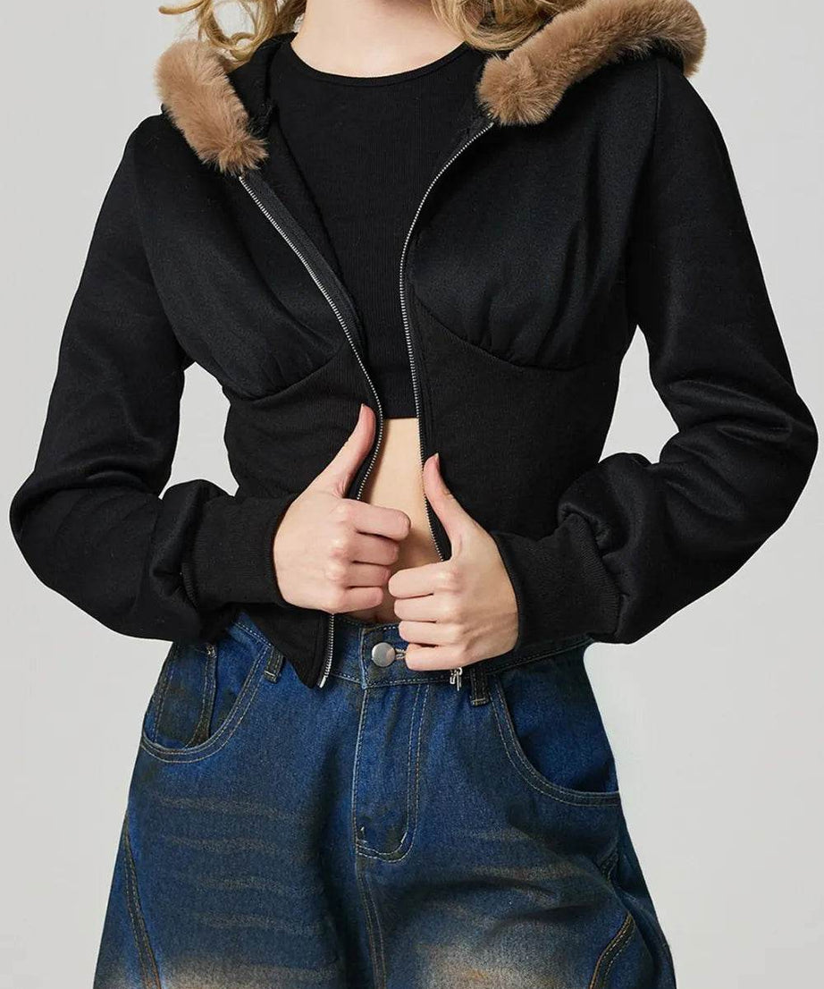 Zip Up Long Sleeve Fuzzy Hem Hooded Jacket - ELY VESSA LLC