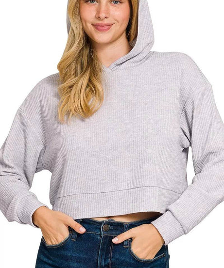 Zenana Drop Shoulder Ribbed Crop Hoodie - ELY VESSA LLC