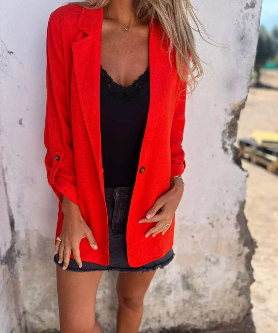 Full Size Lapel Collar Long Sleeve Blazer Plus Size - ELY VESSA LLC
