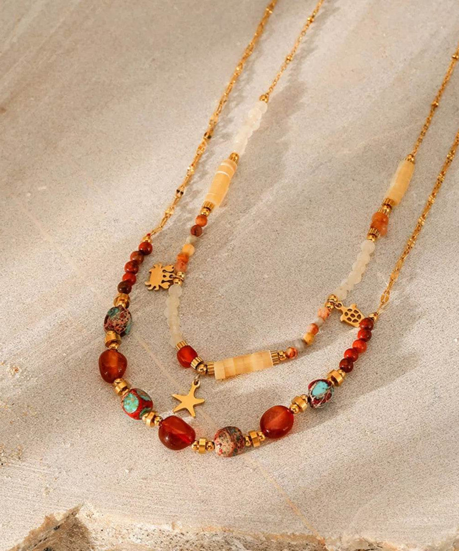 2 Piece 18K Gold-Plated Natural Stone Bead Necklace - ELY VESSA LLC