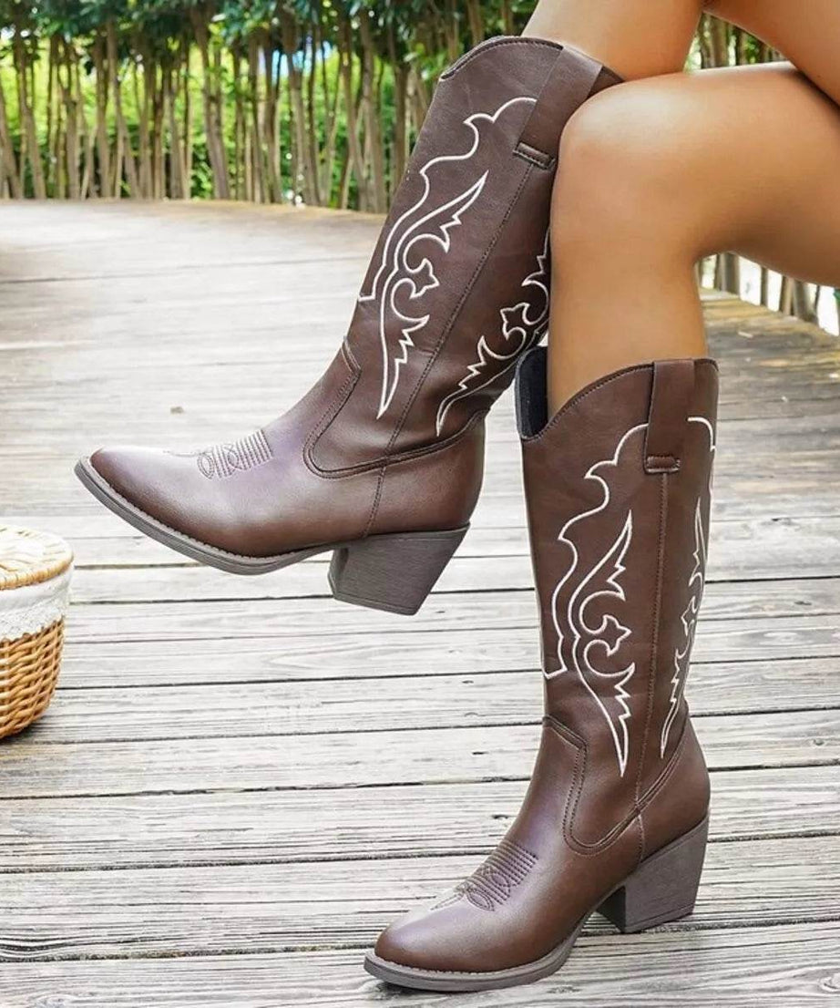 Western Embroidered Mid-Calf Boots - ELY VESSA LLC