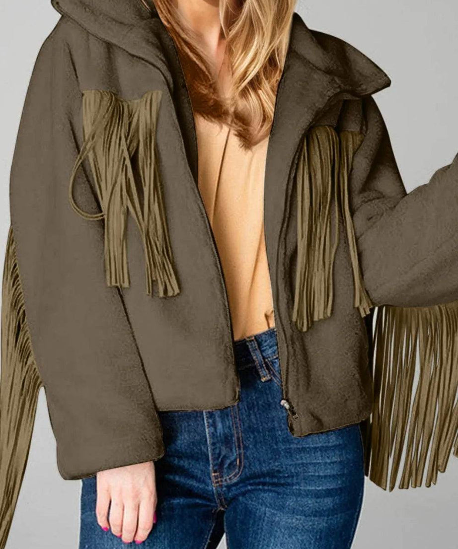 Fringed Zip Up Fleece Jacket - ELY VESSA LLC