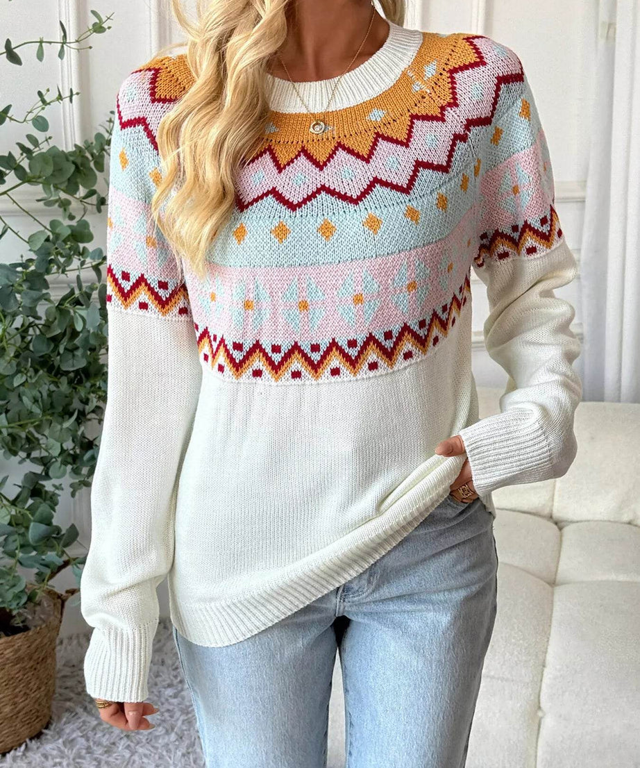 Contrast Round Neck Long Sleeve Sweater - ELY VESSA LLC