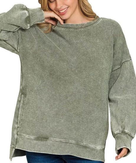 Zenana Full Size Acid Washed Double Ribbed Hi-low Sweatshirt Plus Size - ELY VESSA LLC