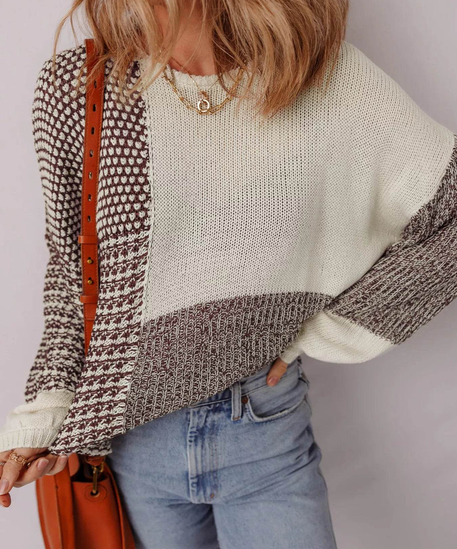 Color Block Back Tie Drop Shoulder Loose Sweater - ELY VESSA LLC
