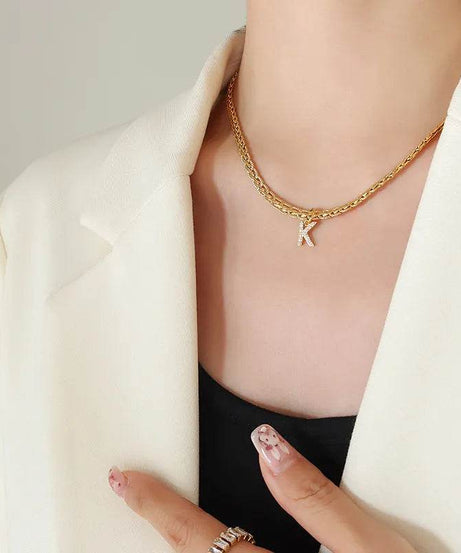 Brass Inlaid Zircon Letter Pendant Necklace - ELY VESSA LLC