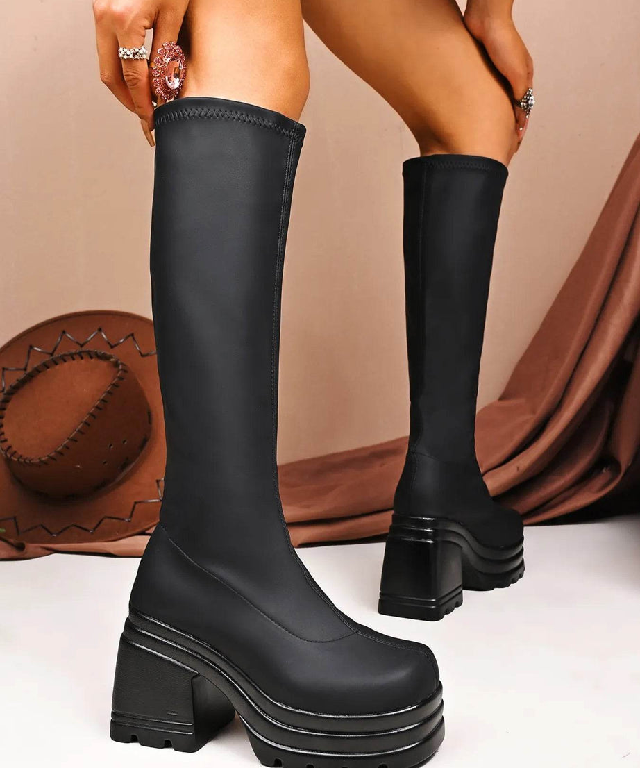 Square Toe Platform Block Heels Boots - ELY VESSA LLC