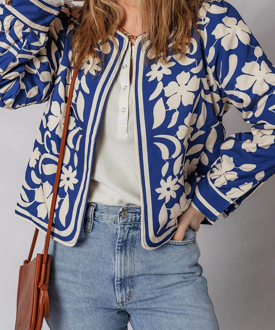 Flower Print Open Front Buttoned Cuffs Elegant Jacket - ELY VESSA LLC