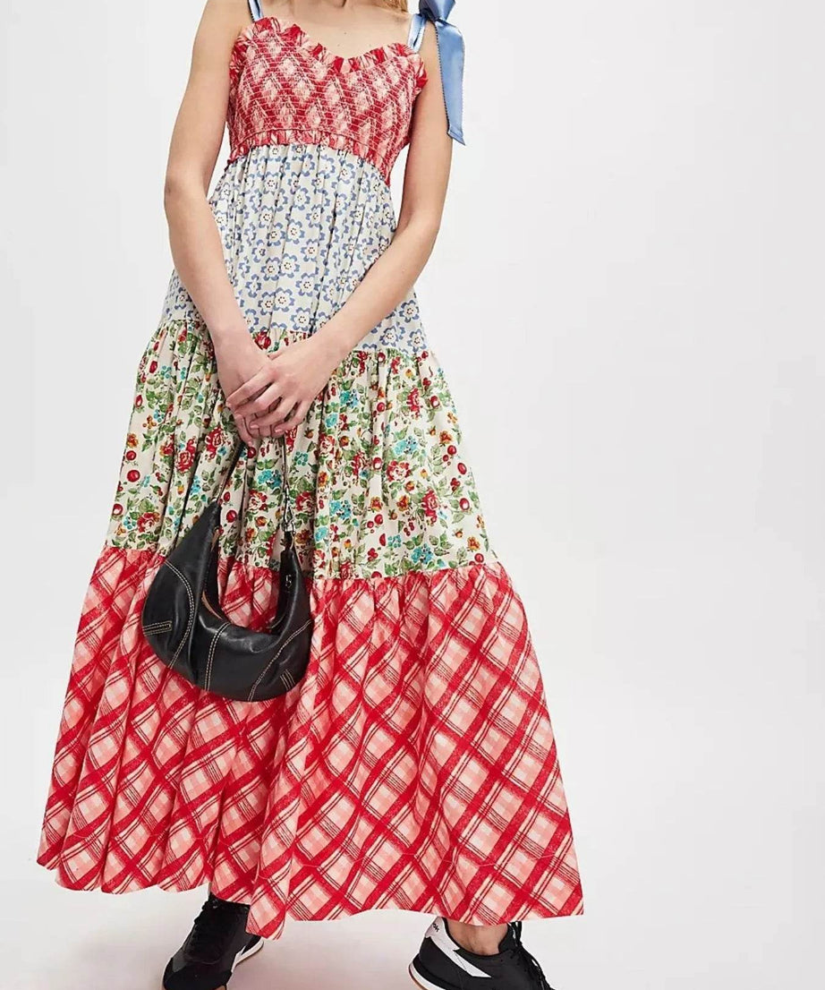 Smocked Tie Shoulder Printed Maxi Dress - ELY VESSA LLC