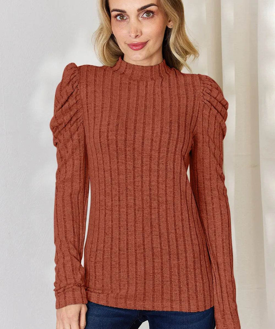 Basic Bae Full Size Ribbed Mock Neck Puff Sleeve T-Shirt - ELY VESSA LLC