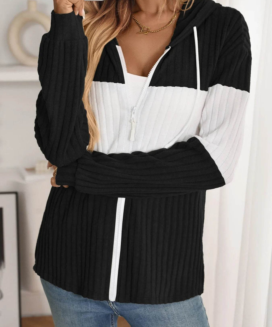 Drawstring Color Block Zip Up Outerwear - ELY VESSA LLC