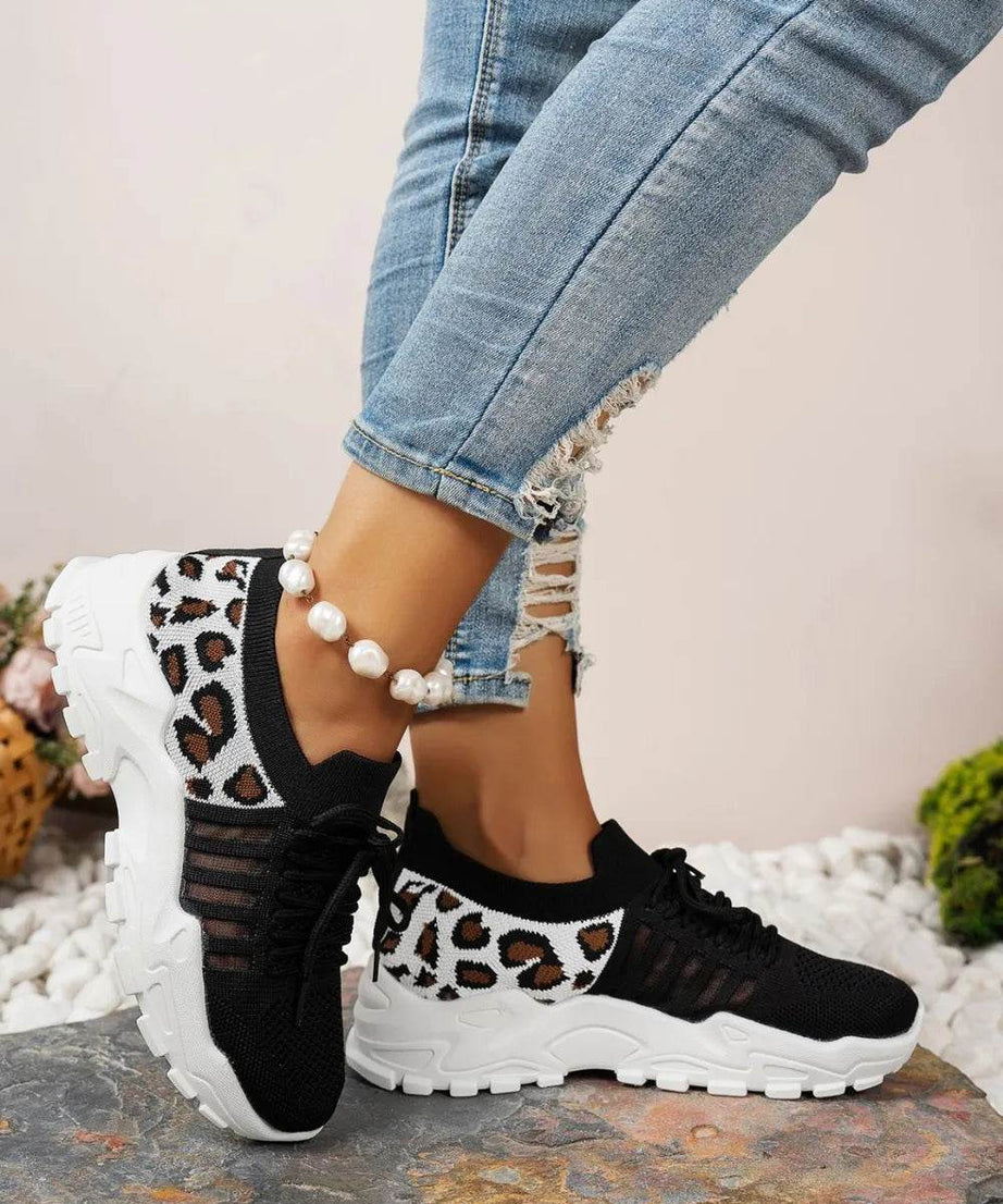 Cutout Leopard Lace Up Mesh Athletic - ELY VESSA LLC