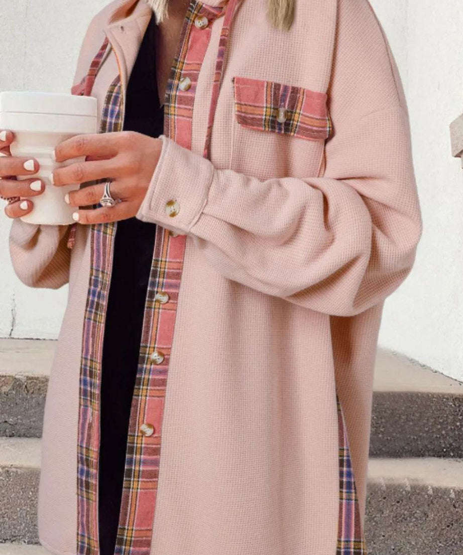 Waffle Knit Plaid Patchwork Drawstring Hooded Shacket - ELY VESSA LLC