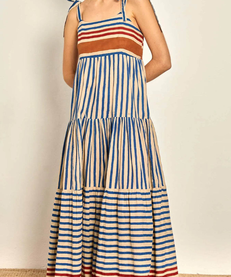 Striped Tie-Shoulder Tiered Maxi Dress - ELY VESSA LLC
