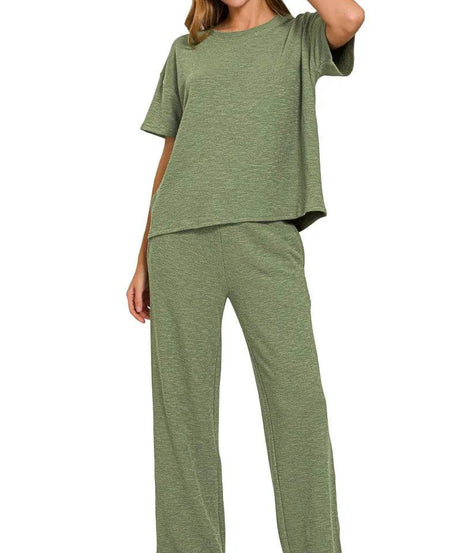 Zenana Slub Short Sleeve T-Shirt and Pants Set - ELY VESSA LLC