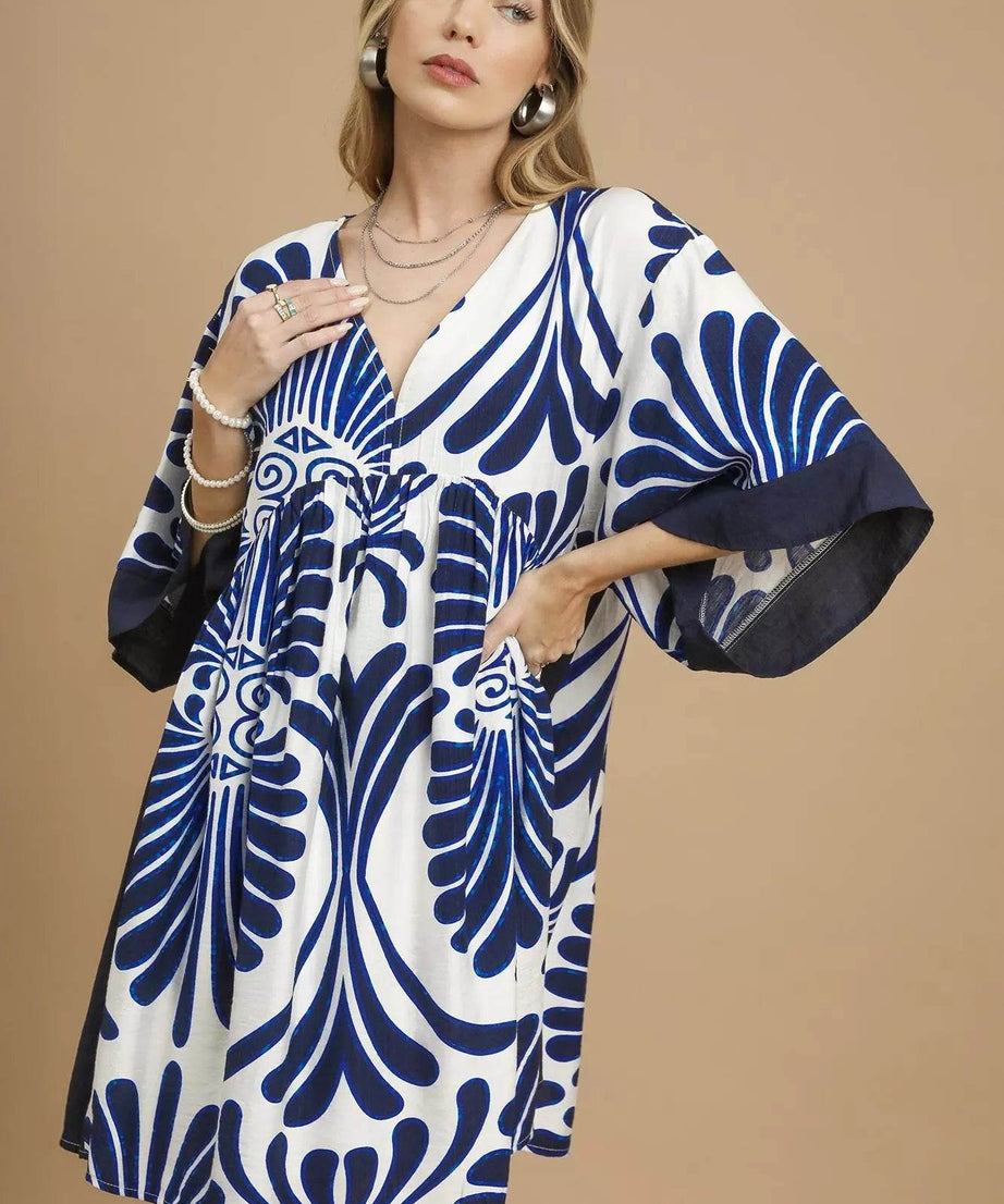Umgee Abstract Print Kimono Sleeve Mini Dress - ELY VESSA LLC