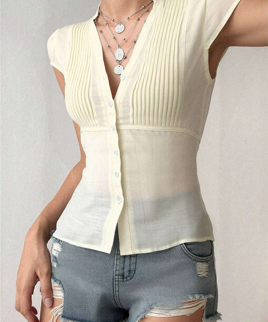 Button Up Cap Sleeve Shirt - ELY VESSA LLC