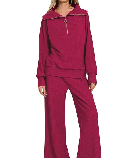 Zenana Ribbed High Neck Half Zip Pullover & Pants Set - ELY VESSA LLC