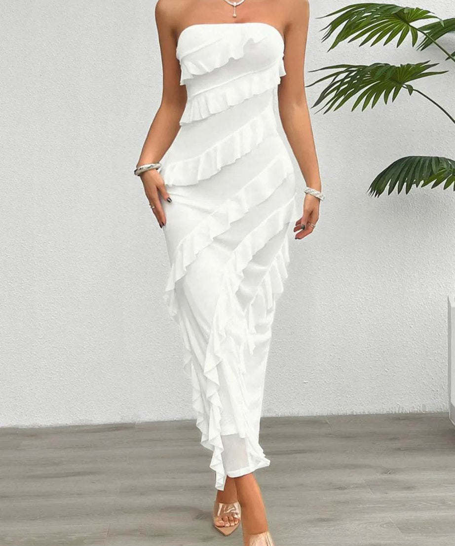 Devine Ruffled Slit Back Tube Maxi Dress - ELY VESSA LLC