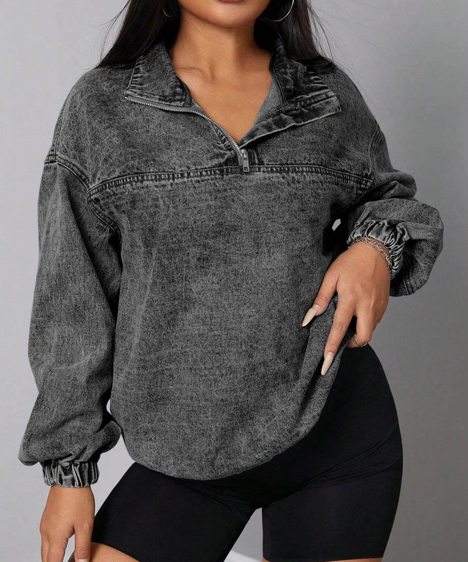 Elastic Hem Quarter Zip Denim Top - ELY VESSA LLC