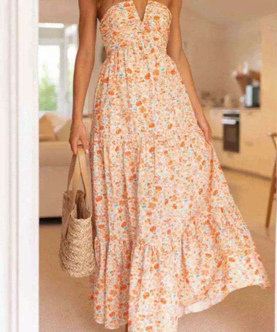 Floral Halter Neck Tiered Maxi Dress - ELY VESSA LLC