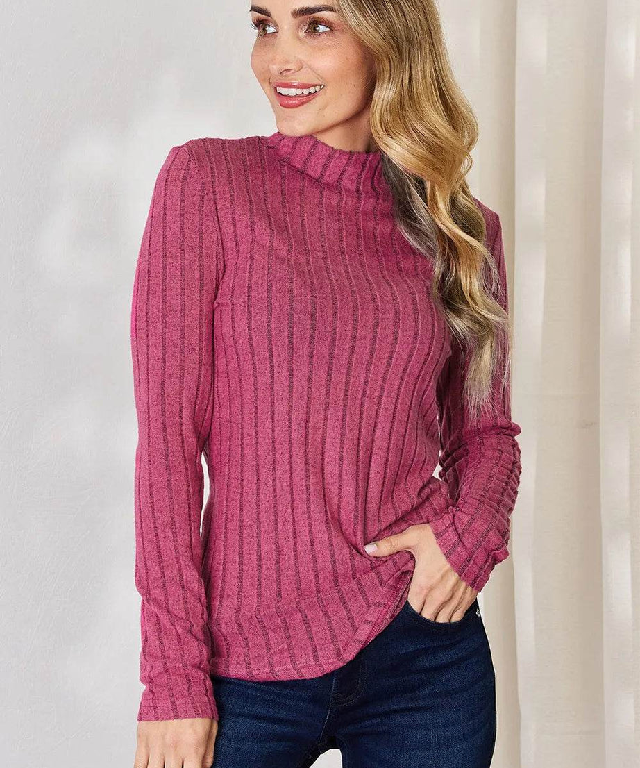 Basic Bae Full Size Ribbed Mock Neck Long Sleeve T-Shirt - ELY VESSA LLC