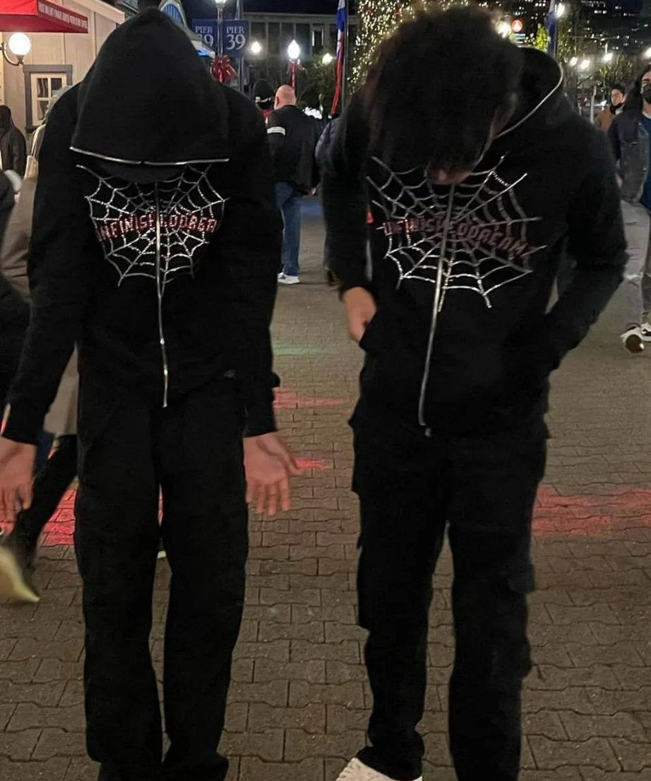 Men's Spider Web Rhinestones Zip-Up Hoodie - ELY VESSA LLC