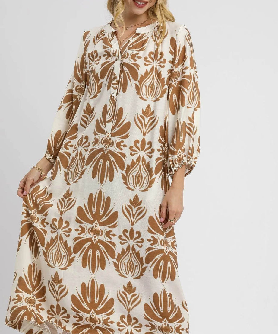 Umgee Mix Abstract Floral Print Midi Dress - ELY VESSA LLC