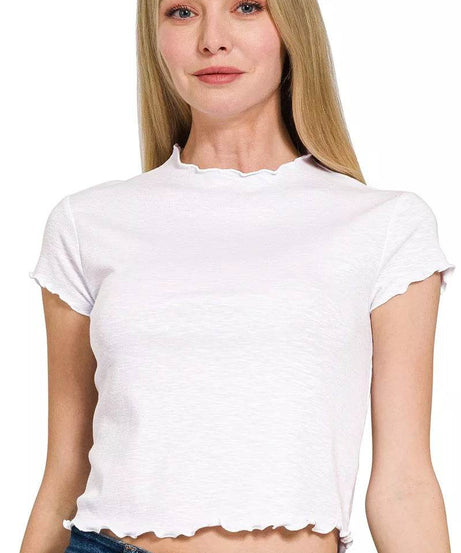 Zenana Cotton Modal Slub Lettuce Trimmed Cropped T-Shirt - ELY VESSA LLC