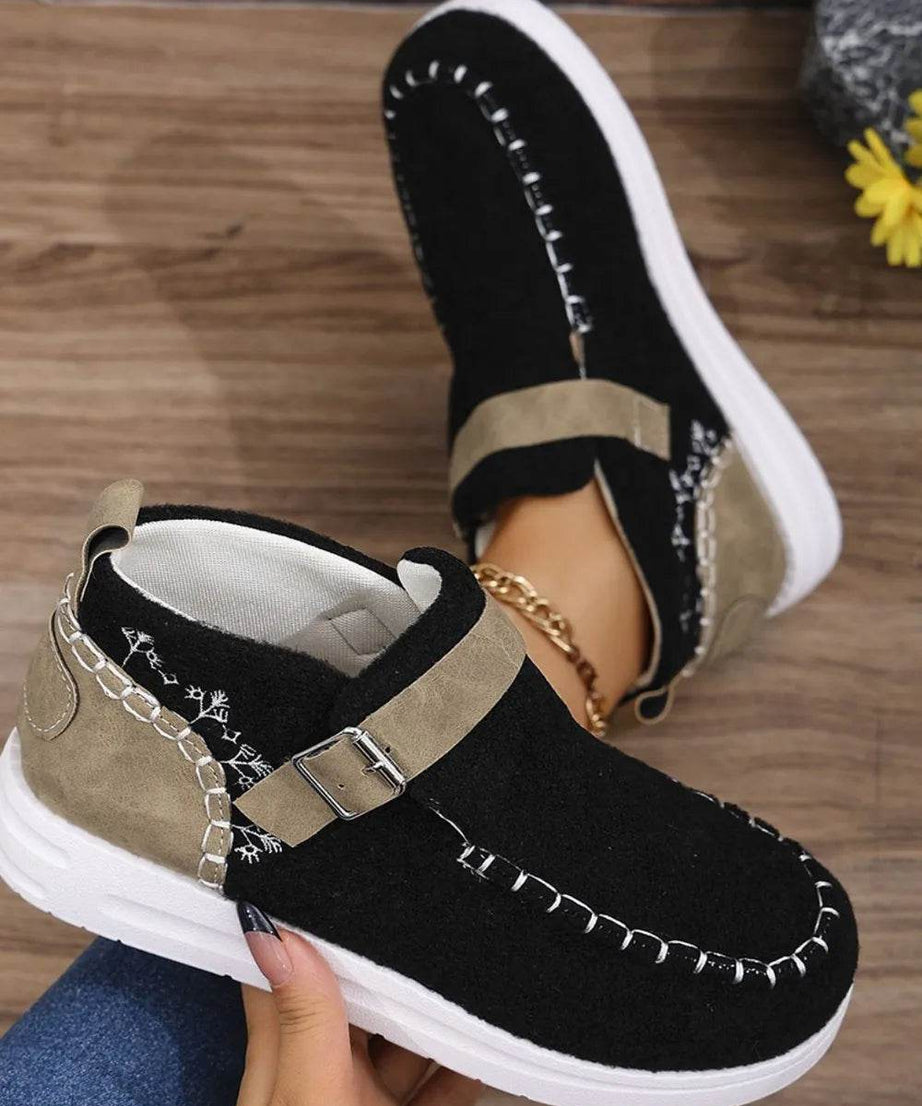 Contrast Round Toe Buckle Sneakers - ELY VESSA LLC