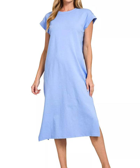 Zenana Round Neck Side Slit Midi Dress - ELY VESSA LLC