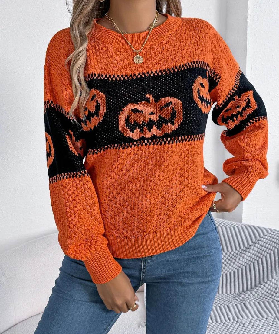Pumpkin Round Neck Long Sleeve Sweater - ELY VESSA LLC