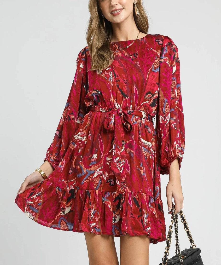 Umgee Ruffled Hem Printed Balloon Sleeve Dress - ELY VESSA LLC